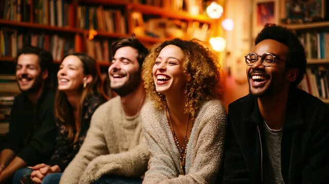 A Joyful Gathering of Friends Sharing Laughter and Warmth in a Cozy Bookshelf Background, Celebrating Togetherness with Smiles and Happiness in an Inviting Atmosphere