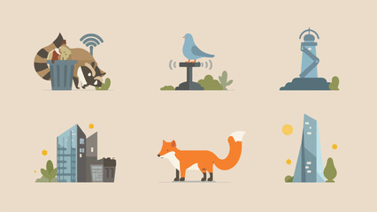 urban wildlife adaptation icon set