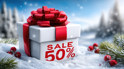 Gift box with a red bow and SALE 50% text, sitting in fresh snow with pinecones, representing winter sales, holiday discounts, and festive shopping promotions