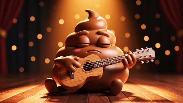A brown emoji-like character, resembling feces, serenades with a ukulele on a wooden stage