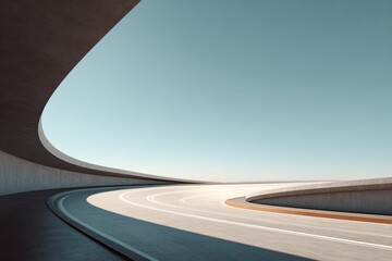Minimalist concrete overpass curves sharply against a vast, clear sky