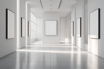 Interior perspective showcases a bright modern hallway lined with empty picture frames under daylight illumination