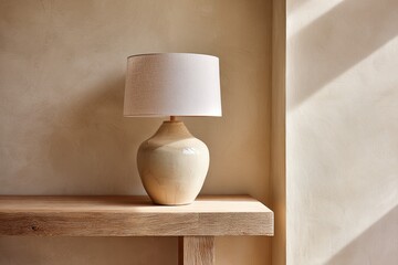 Ceramic base table lamp rests on a rustic wooden surface against textured walls with natural light shadows