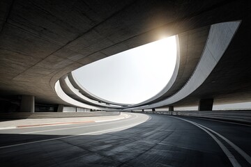 Modern concrete architectural structure forms a dramatic overhead curve above an empty roadway