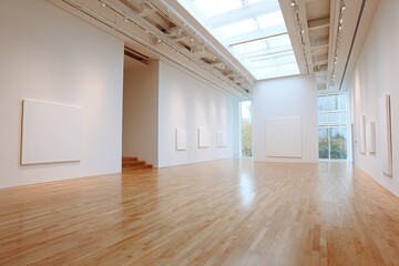 Spacious contemporary exhibition hall features several minimalist white canvases under bright overhead lighting