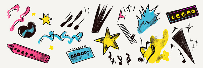 Hand drawn colorful rock punk music doodle set with lightning, stars, hearts, crayon brush strokes, music notes, and abstract tattoo style elements in flat minimalist vector style