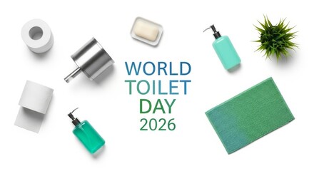 World Toilet Day Concept - A flat lay composition showcasing bathroom essentials for World Toilet Day with toilet paper, soap, and green accents on a clean white background