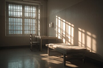 Sunlight streams through barred window casting geometric shadows onto the floor and wall of a spare room