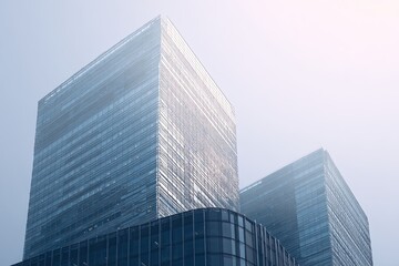 Modern glass skyscrapers ascend toward a bright, hazy sky