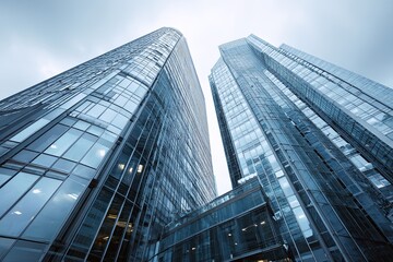 Two modern glass skyscrapers converge dramatically against an overcast sky
