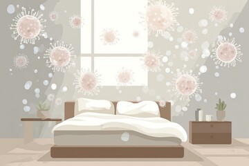 Microscopic pathogens float throughout a dimly lit bedroom setting