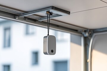Small electronic monitoring device hangs suspended from a garage ceiling structure