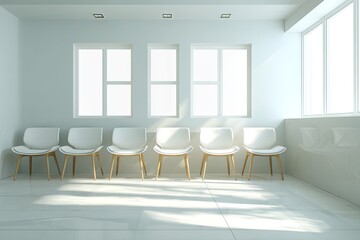 Modern waiting area features row of contemporary white seats illuminated by bright sunlight through multiple windows