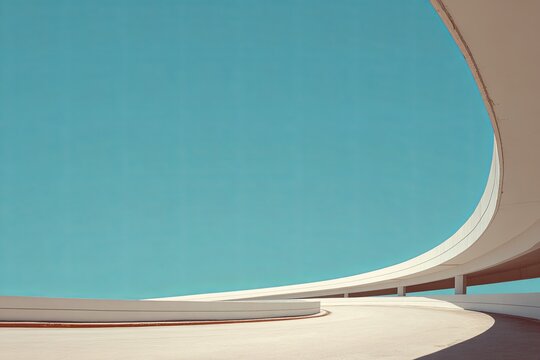 Minimalist view of curving white architectural structure against bright blue sky