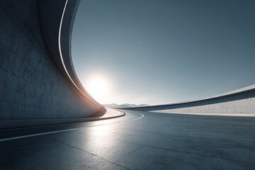 Smooth curving modern highway infrastructure dramatically illuminated by bright sunlight