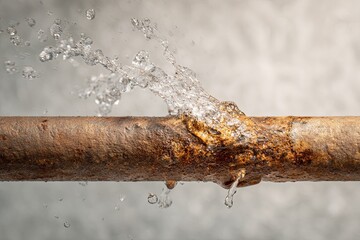 Corroded metal conduit suffering a high pressure water leak sprays liquid against a muted background