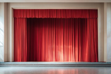 Closed velvety crimson drapery conceals the focal point of an empty auditorium platform