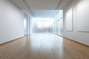 Expansive contemporary gallery space featuring bright white walls and large windows overlooking outdoor scenery