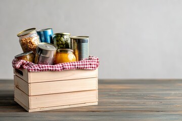 Wooden crate filled with assorted preserved food items rests on a rustic wooden surface against a light background