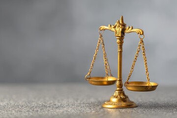 Ornate miniature golden weighing scales rest upon a textured surface with a soft gray background