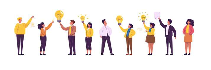 Diverse group of business people holding glowing light bulbs celebrating creative ideas success teamwork concept flat vector illustration