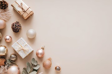 Assortment of decorative holiday ornaments and wrapped presents arranged on a neutral background