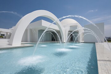 Modern white architectural structure features multiple archways and water fountains spilling into a bright blue pool under a clear sky