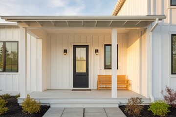 Brightly illuminated modern farmhouse entryway features a contrasting dark door and wooden seating