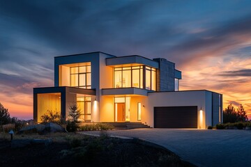 Modern cubic architectural residence illuminated against a dramatic twilight sky