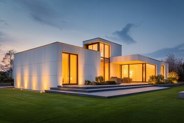 Contemporary residential structure illuminated against the twilight sky features expansive glass and modern exterior lighting.