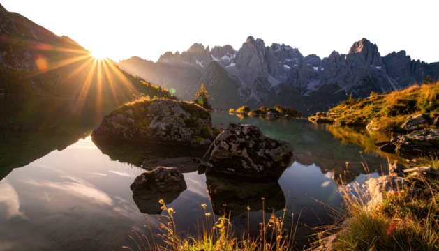Lake reflects sunlit mountains, rocks, and trees at sunrise