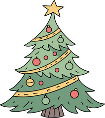 Cute Hand Drawn Decorated Christmas Tree with Star and Ornaments
