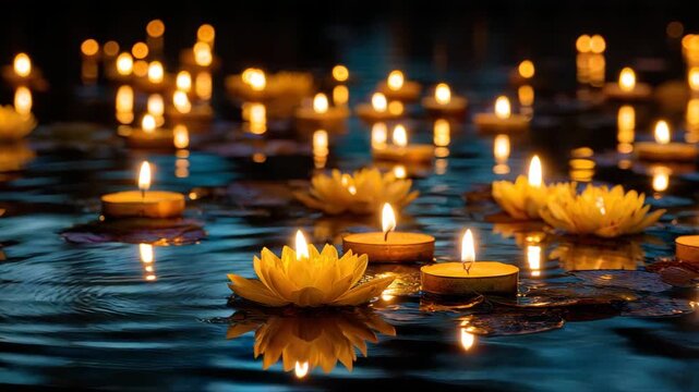 Candles softly glow, lighting up lotus flowers as they drift on the evening water