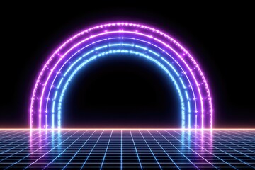 Glowing neon archway over a retro grid floor in vibrant pink and blue colors