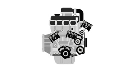 Detailed illustration of a modern internal combustion engine with pistons and gears.