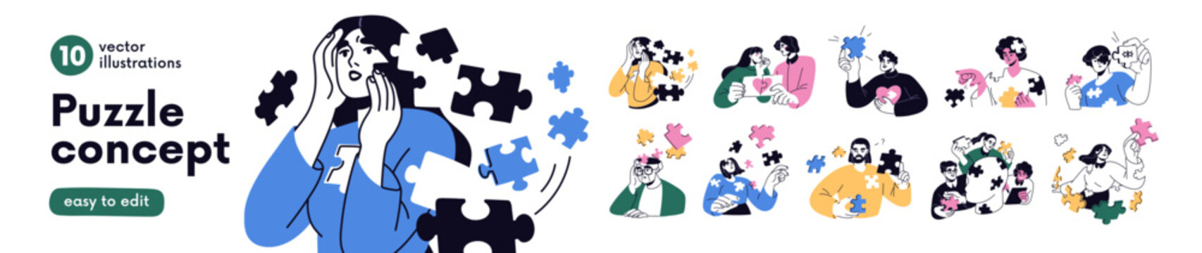 Mental health, psychology problem concept. Assembling puzzle pieces of mind, memory. Missing jigsaw fragment of yourself, self losing and finding. Flat vector illustration isolated on white background