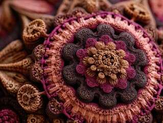 Intricate fractal mandala with layered patterns in earth tones and vibrant magenta