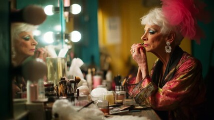 A glamorous performer applying makeup in a vibrant, well-lit dressing room, showcasing a moment of transformation with elegance and confidence while preparing for a captivating show.