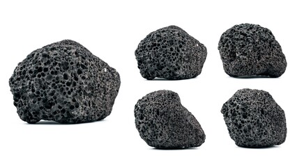 Black stone on clean white background, minimal style, sharp texture and detail, perfect for product display, spa, wellness, geology, natural materials, and modern design concepts.