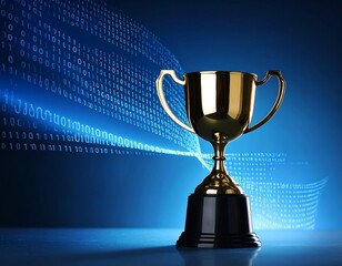 Gleaming gold trophy sits against a futuristic digital binary backdrop