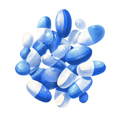 Hand-drawn image of a pile of blue and white capsules, rendered with light and shadow