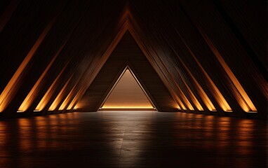 Dark architectural tunnel leading to a bright triangular portal with warm side lighting