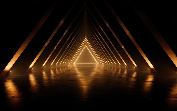Dark, reflective futuristic corridor with glowing golden triangular light tunnel