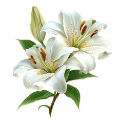 Digitally rendered close-up of white lilies in full bloom, with buds and green leaves