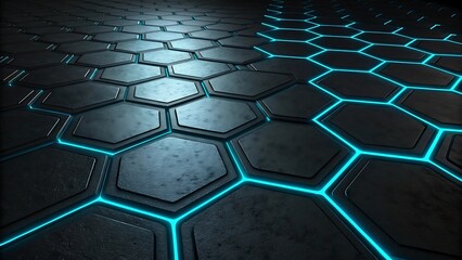 Futuristic dark hexagonal grid with glowing neon blue lines creating a technological abstract background with a sense of depth and digital network