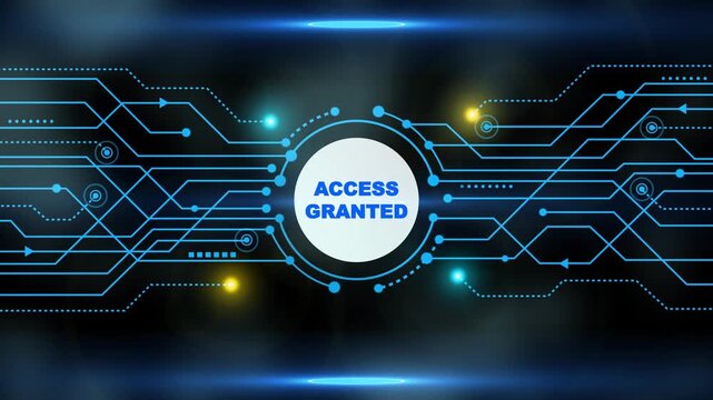 Digital network connection with glowing blue lines and nodes on black background access granted message in center digital transformation concept technology abstract background