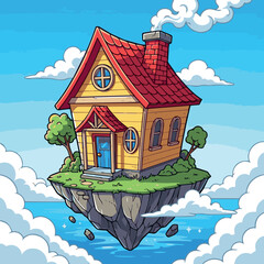Create An illustration of a cartoon house with a red roof and chimney situated on a floating rock island surrounded by clouds and blue water.