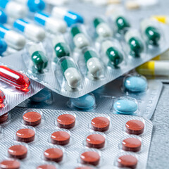 Variety of medicines and drugs.Medicine and healthcare concept.Variety of medicines and drugs.Medicine and healthcare concept.Pill for the prescription and treatment various diseases chemistry