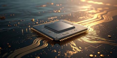 Close up of a glowing computer processor chip on a dark circuit board with illuminated pathways.