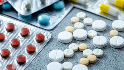 Variety of medicines and drugs.Medicine and healthcare concept.Variety of medicines and drugs.Medicine and healthcare concept.Pill for the prescription and treatment various diseases chemistry